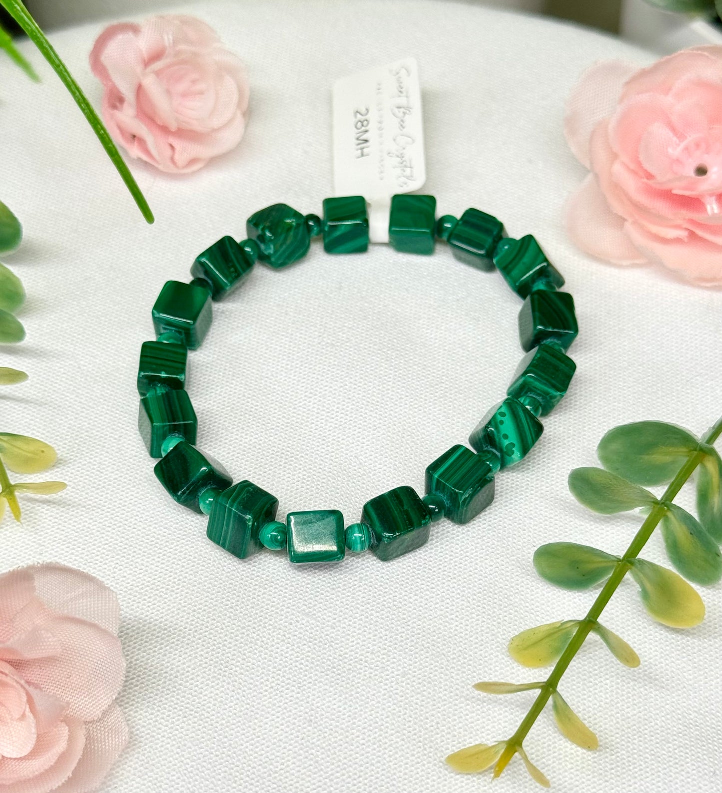 Malachite cube bracelet. 6-7mm beads and fits wrist size 7”