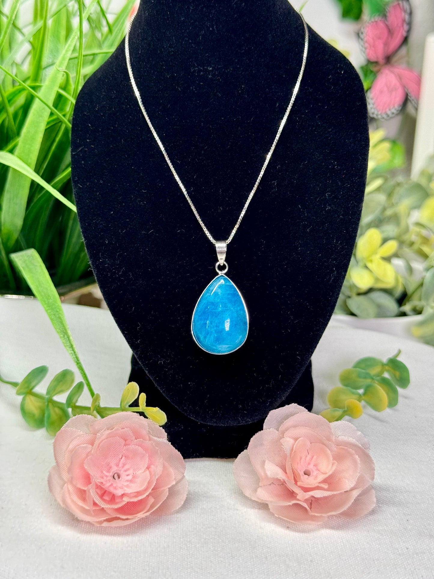 Blue apatite tear drop necklace with adjustable chain 18” and smaller silver plated copper