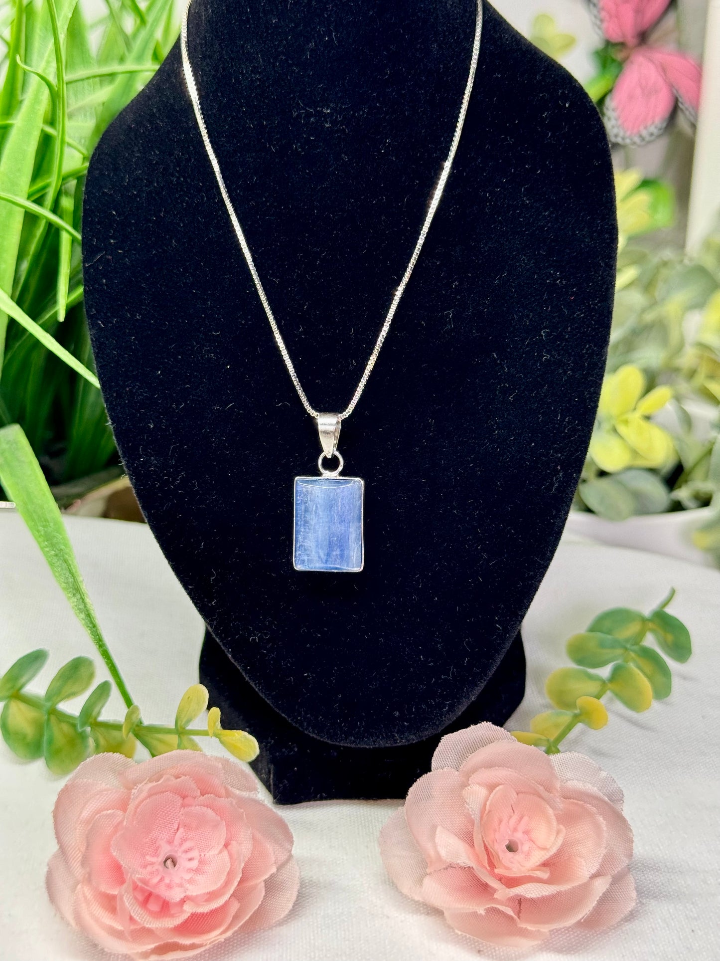 Blue kyanite necklace with adjustable chain 18” and smaller silver plated copper