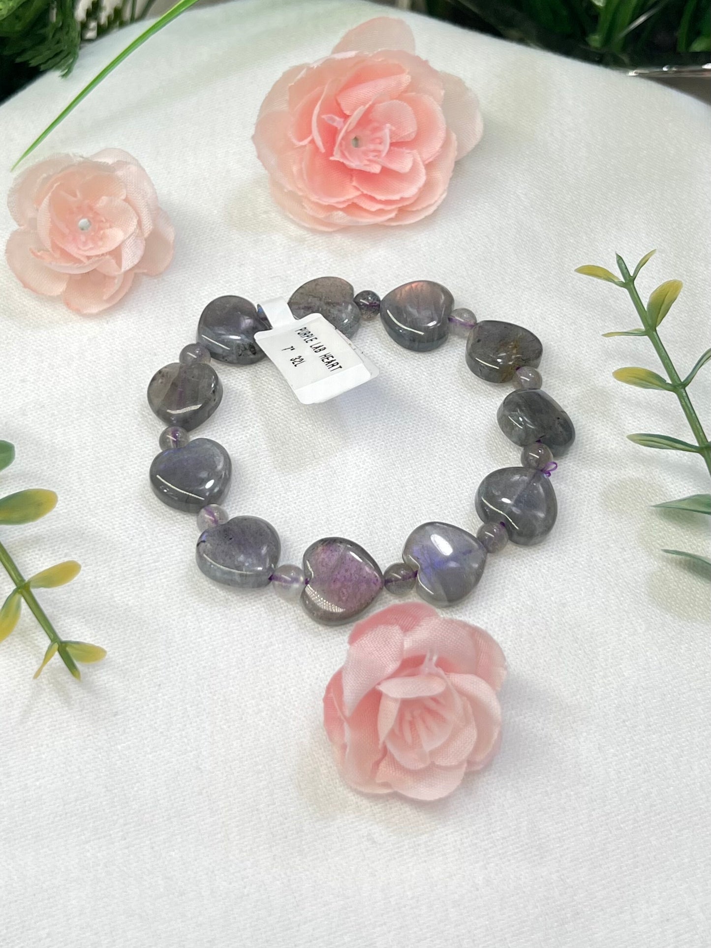 Purple labradorite heart bracelet elastic size 7”