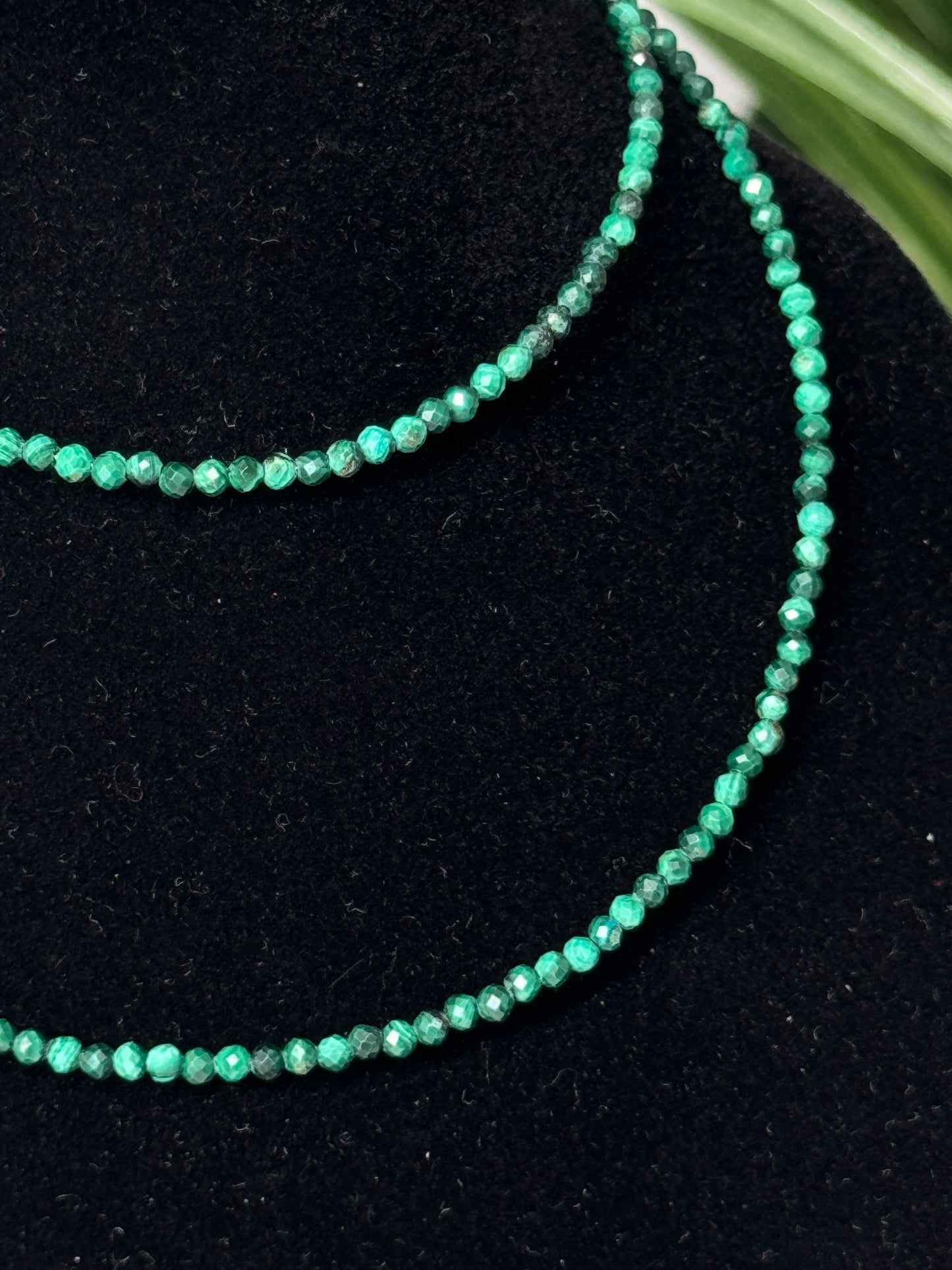 Malachite faceted beaded necklace. Adjustable size 16-18.5” with silver plated copper chain