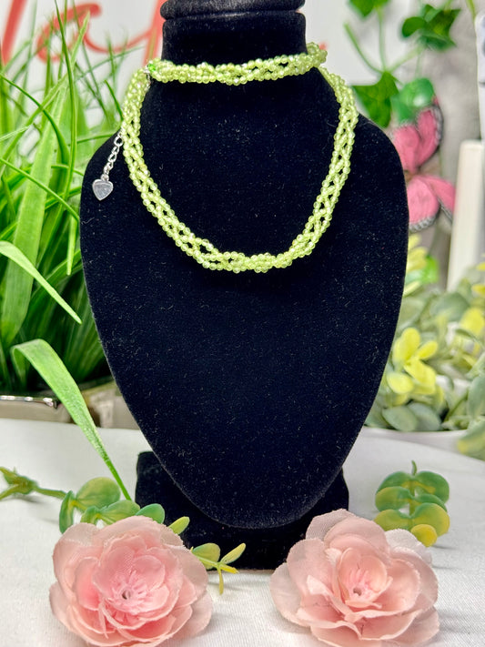 Braided peridot necklace necklace with adjustable chain 16-18” adjustable. S925 plated copper hardware