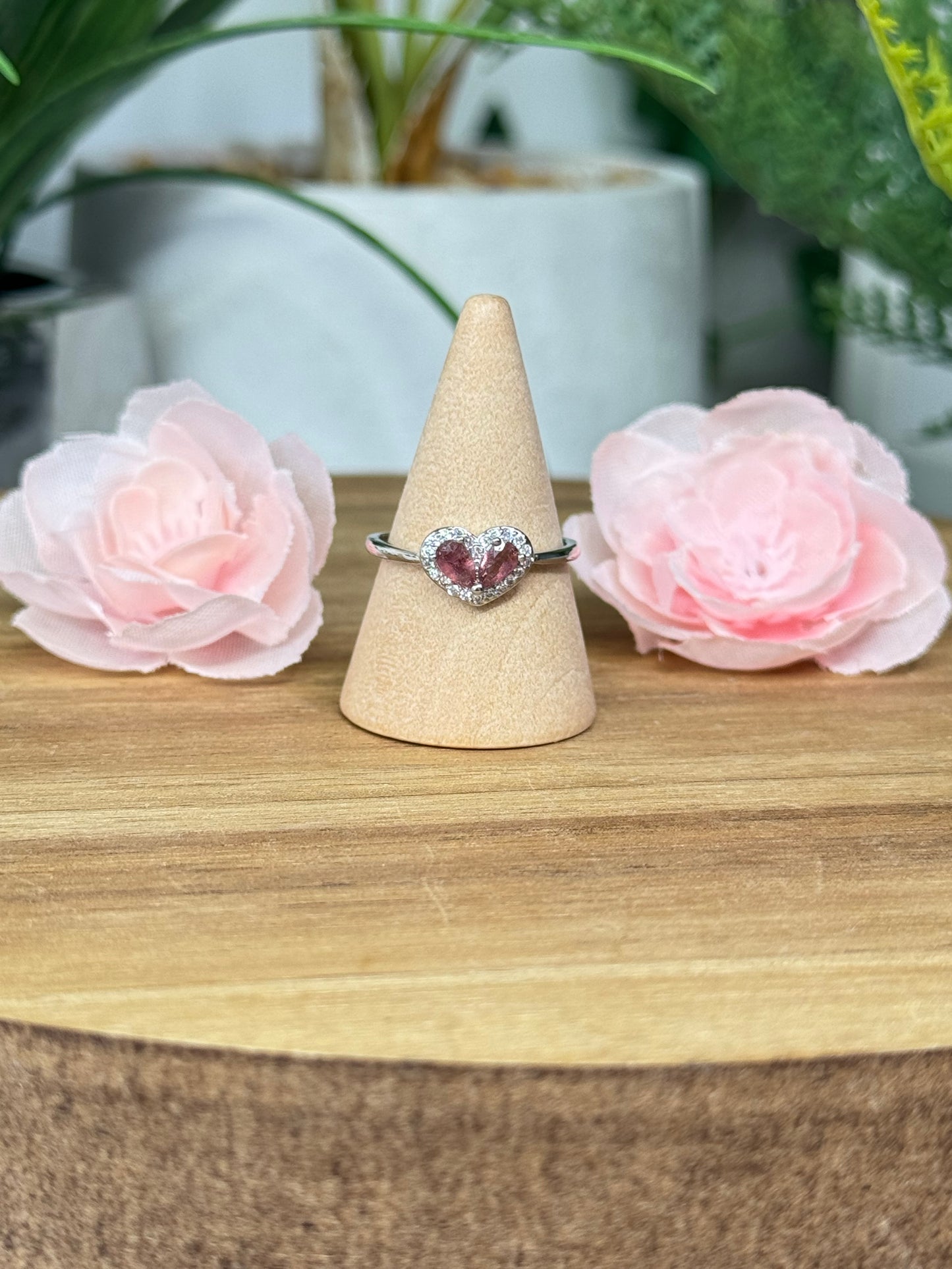 Pink tourmaline heart ring s925 plated copper and adjustable