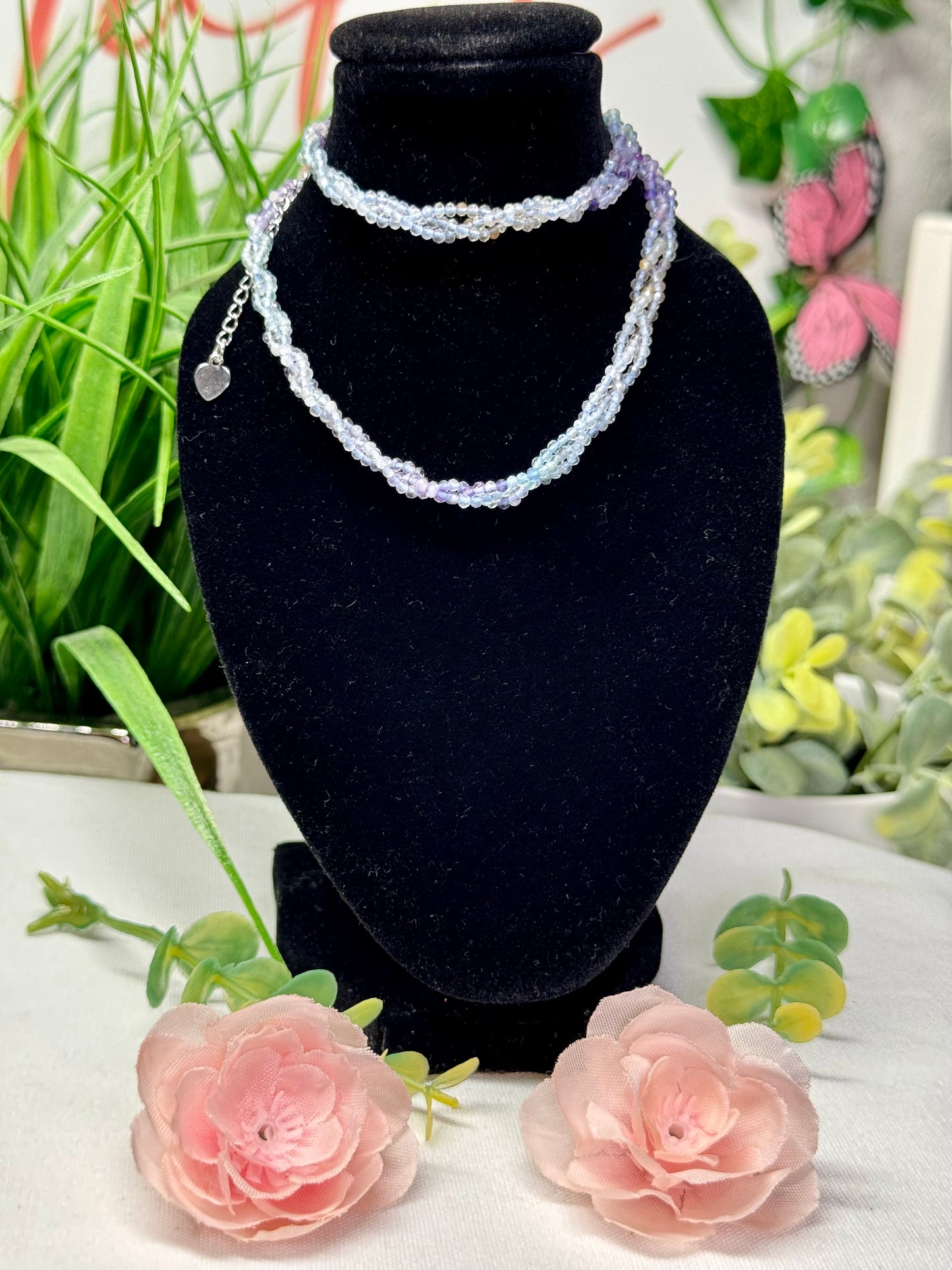 Ombré braided fluorite necklace with adjustable chain 16-18”. S925 sterling silver hardware.