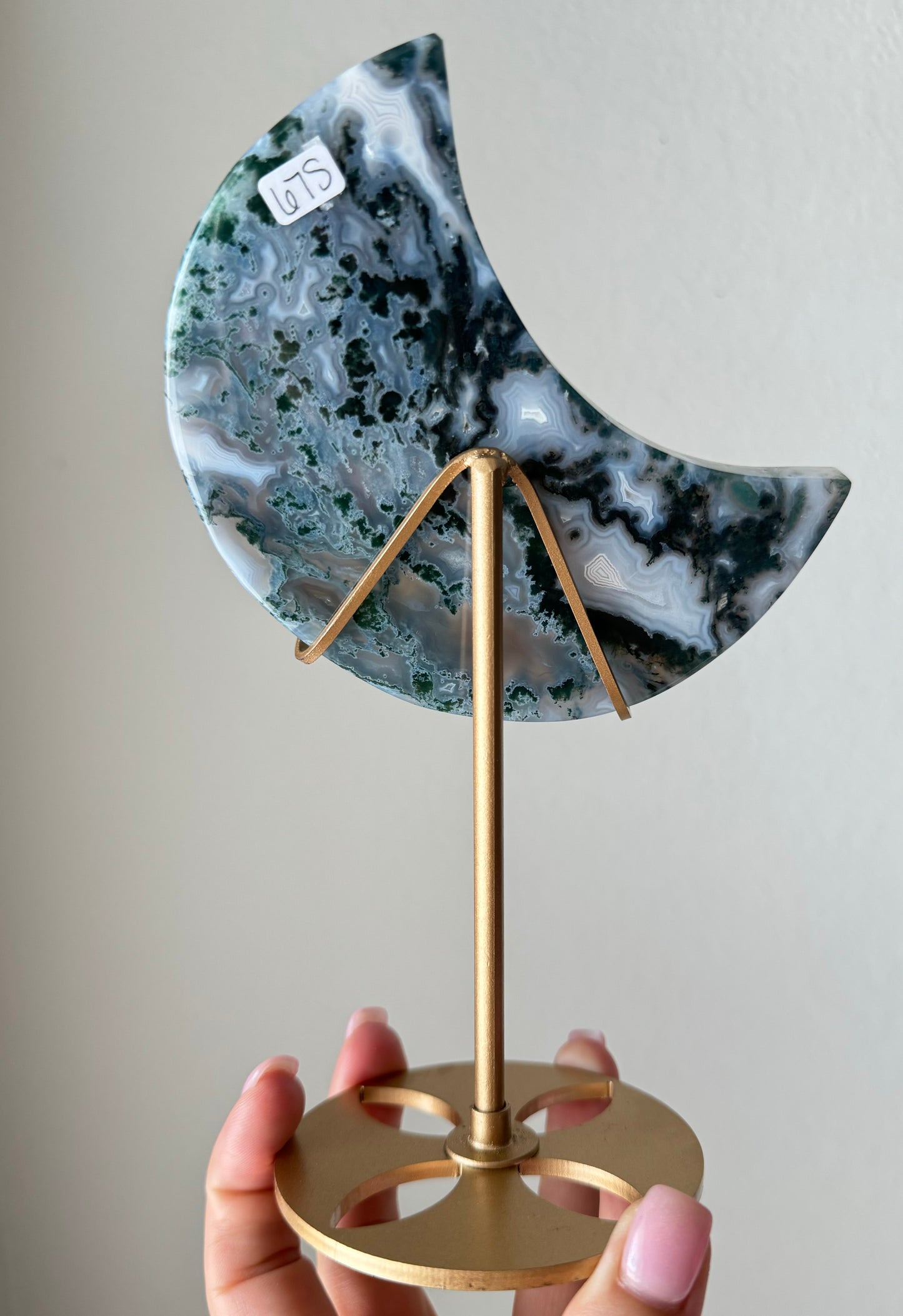 Moss agate moon on gold stand *includes stand*