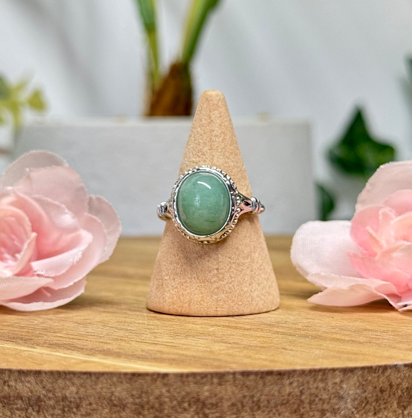 Green aventurine ring. Silver plated copper and adjustable to fit size 5-10