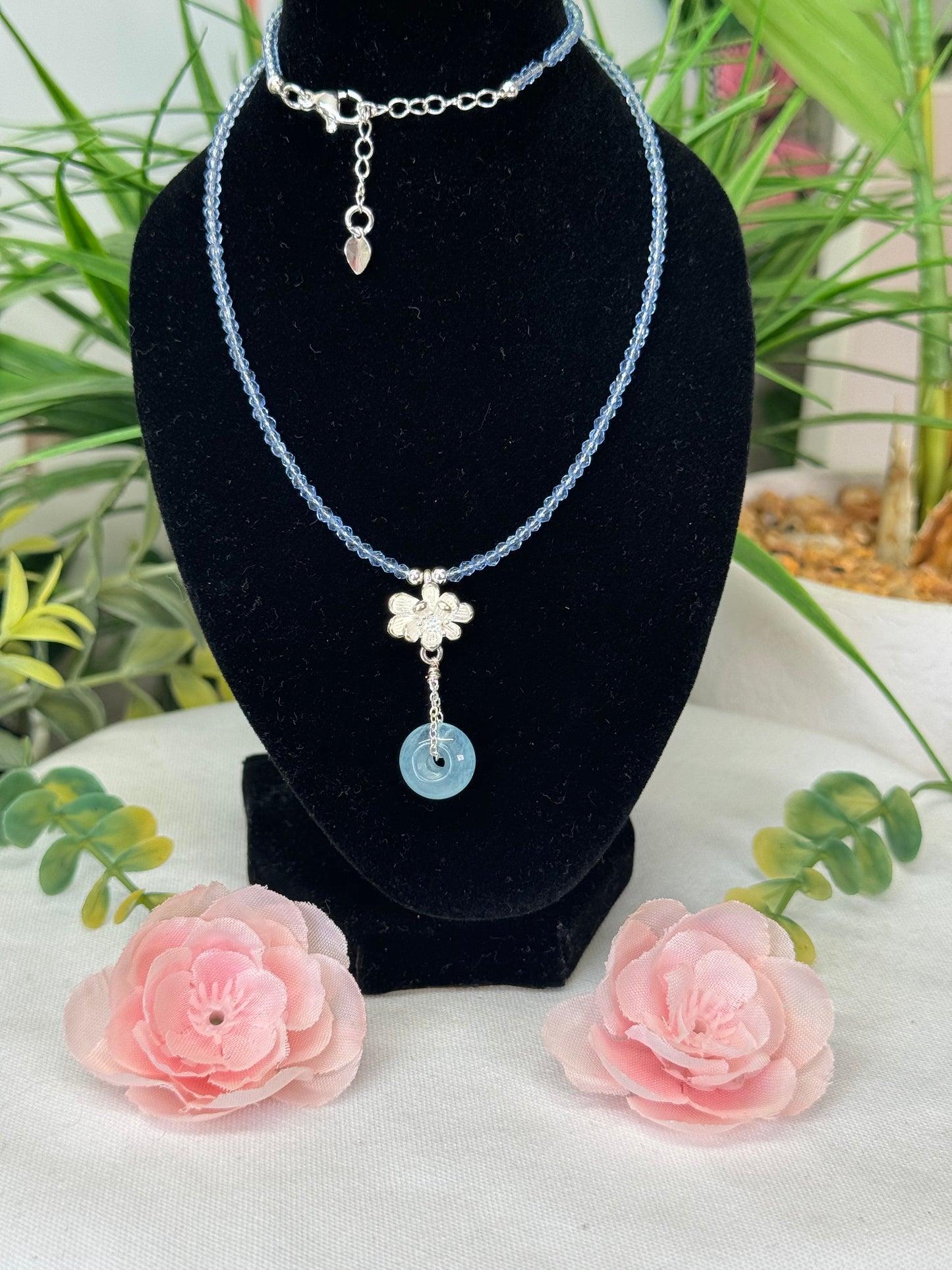 Aquamarine donut necklace. 15”-16.5” adjustable silver plated chain