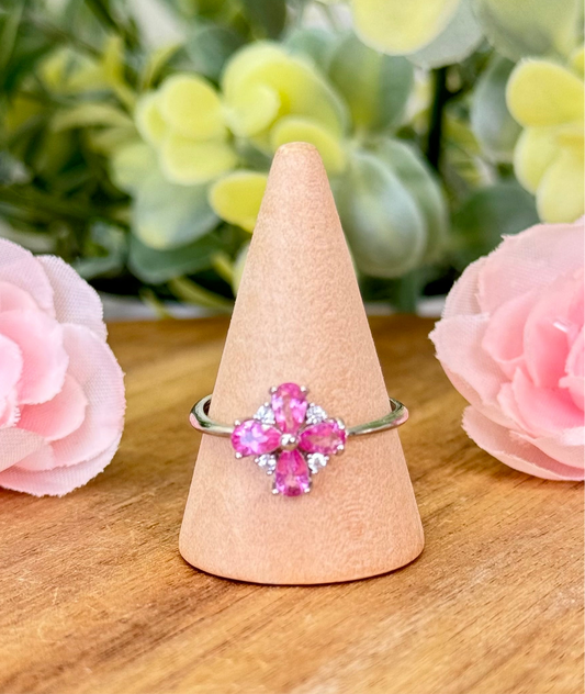 Pink topaz flower ring. S925 plated copper and adjustable