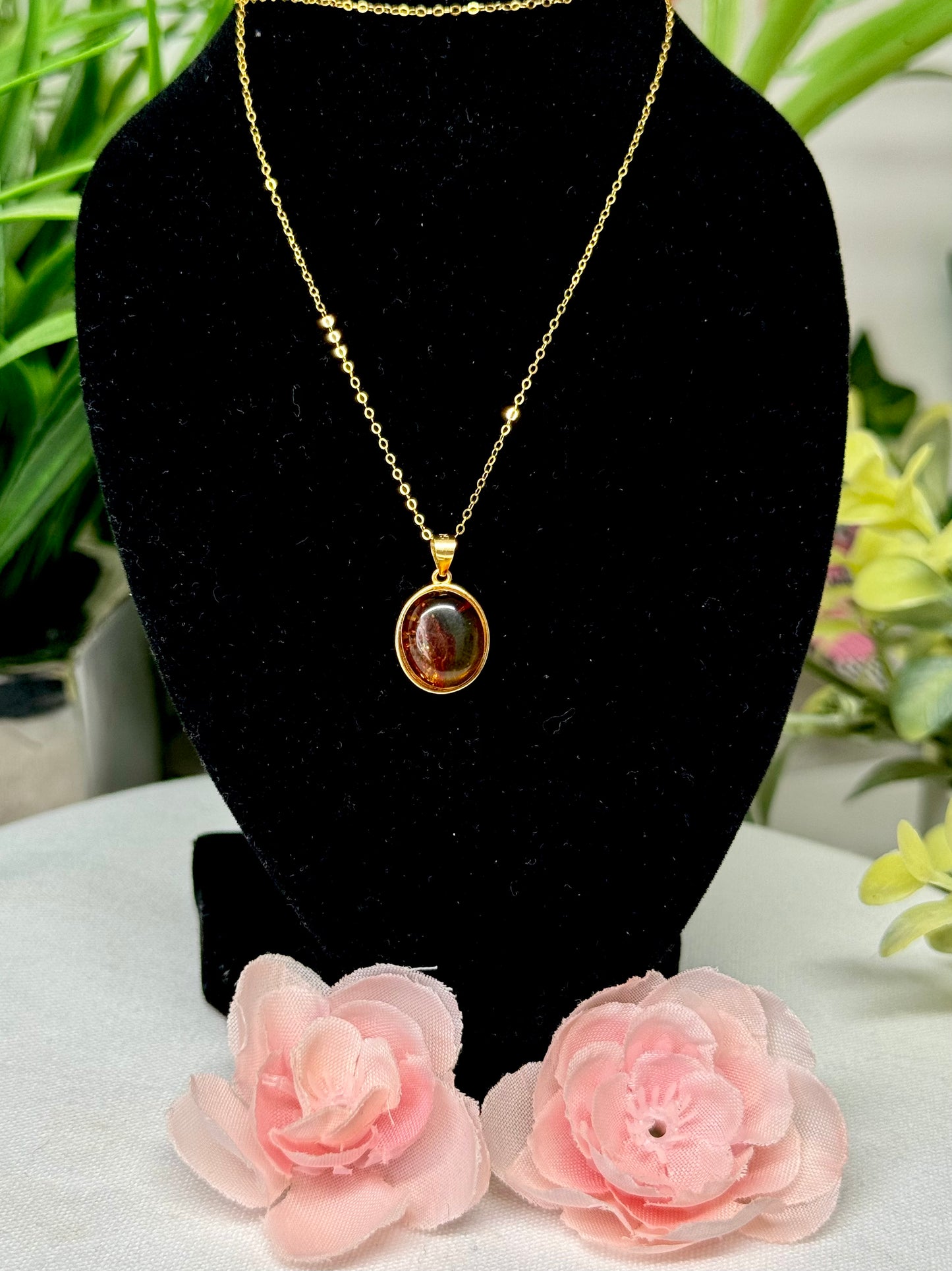 Flower Amber necklace. Gold plated S925 sterling silver with 18” chain