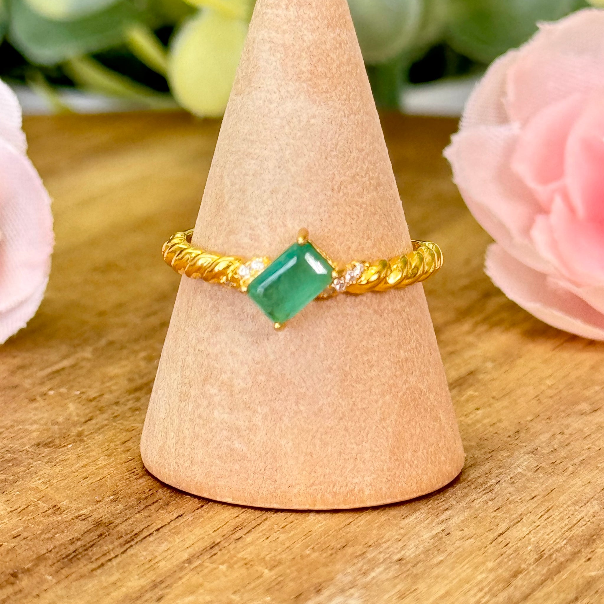 Emerald ring. Gold plated S925 sterling silver and adjustable