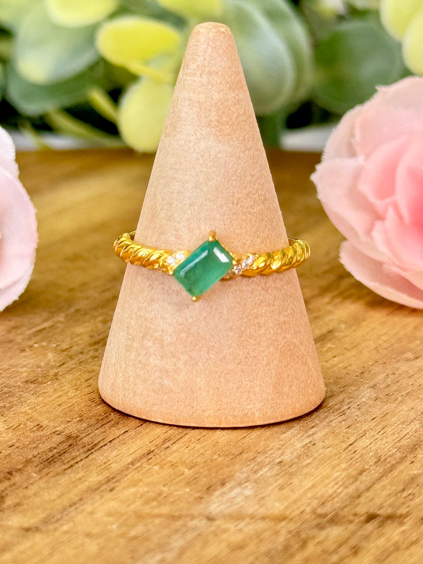 Emerald ring. Gold plated S925 sterling silver and adjustable