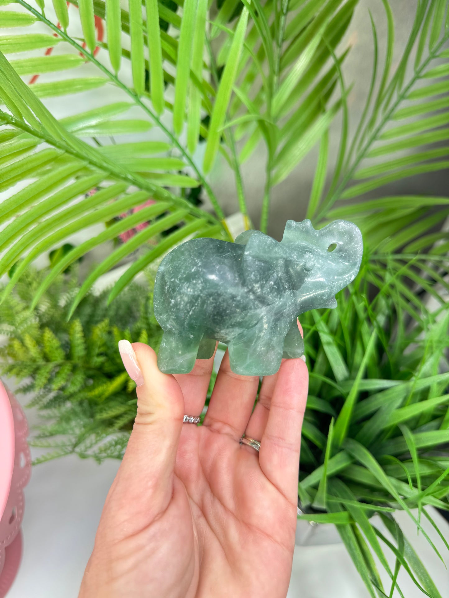 Larger size green fluorite elephant carving