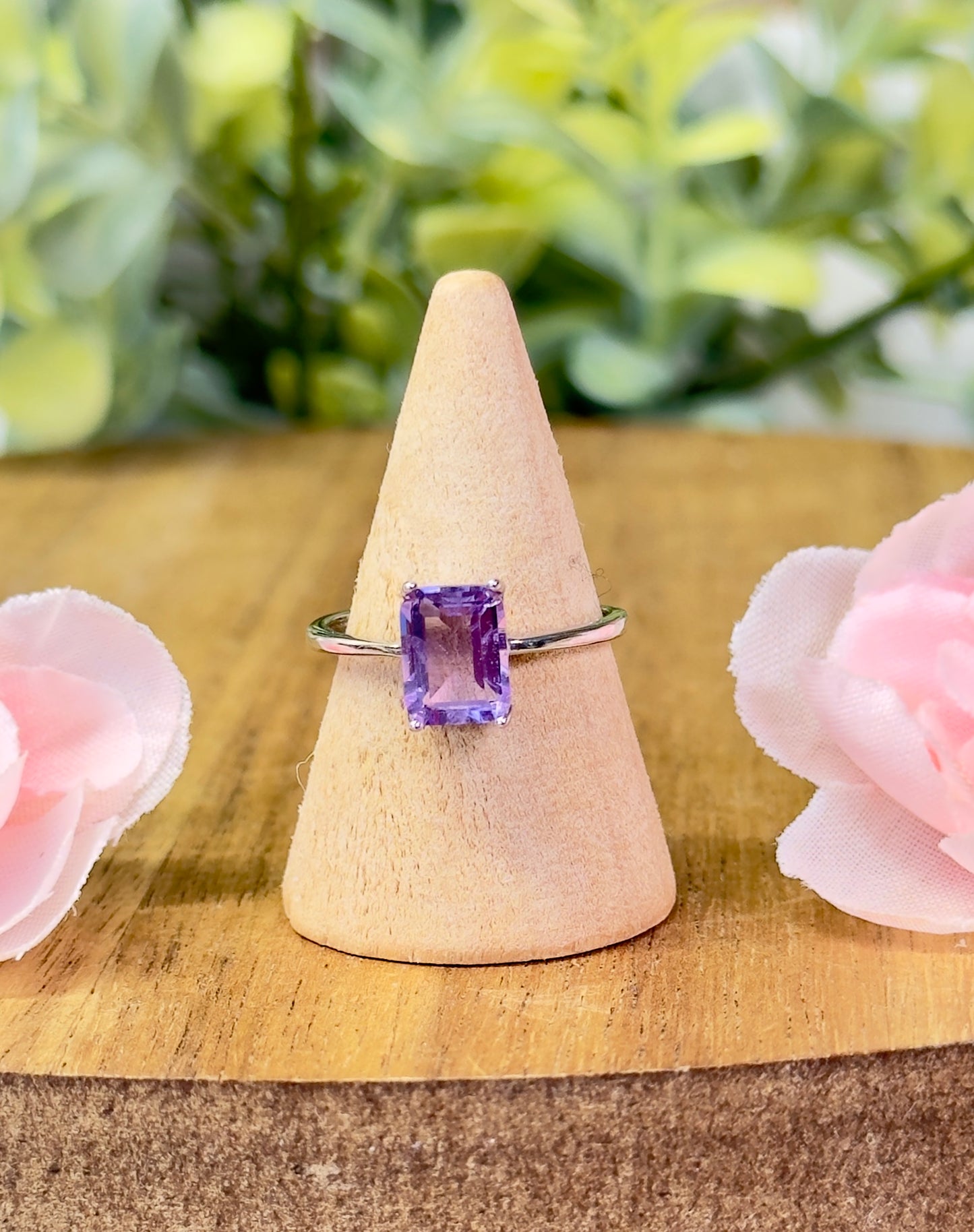 Emerald cut amethyst ring. S925 sterling silver and adjustable size 4-10