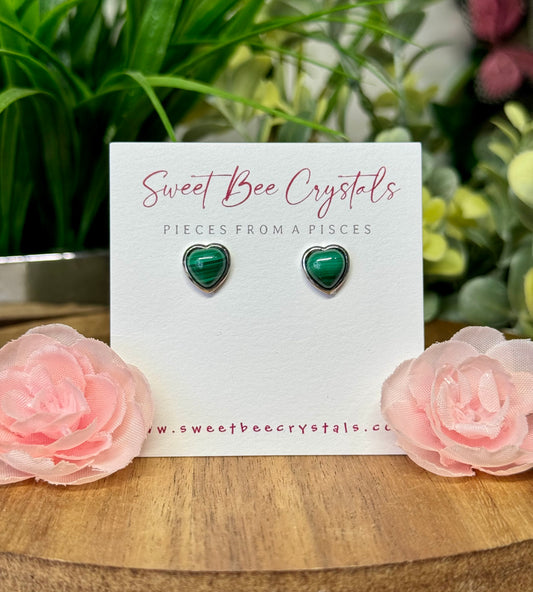 Malachite heart earrings with s925 sterling needle and silicon backs