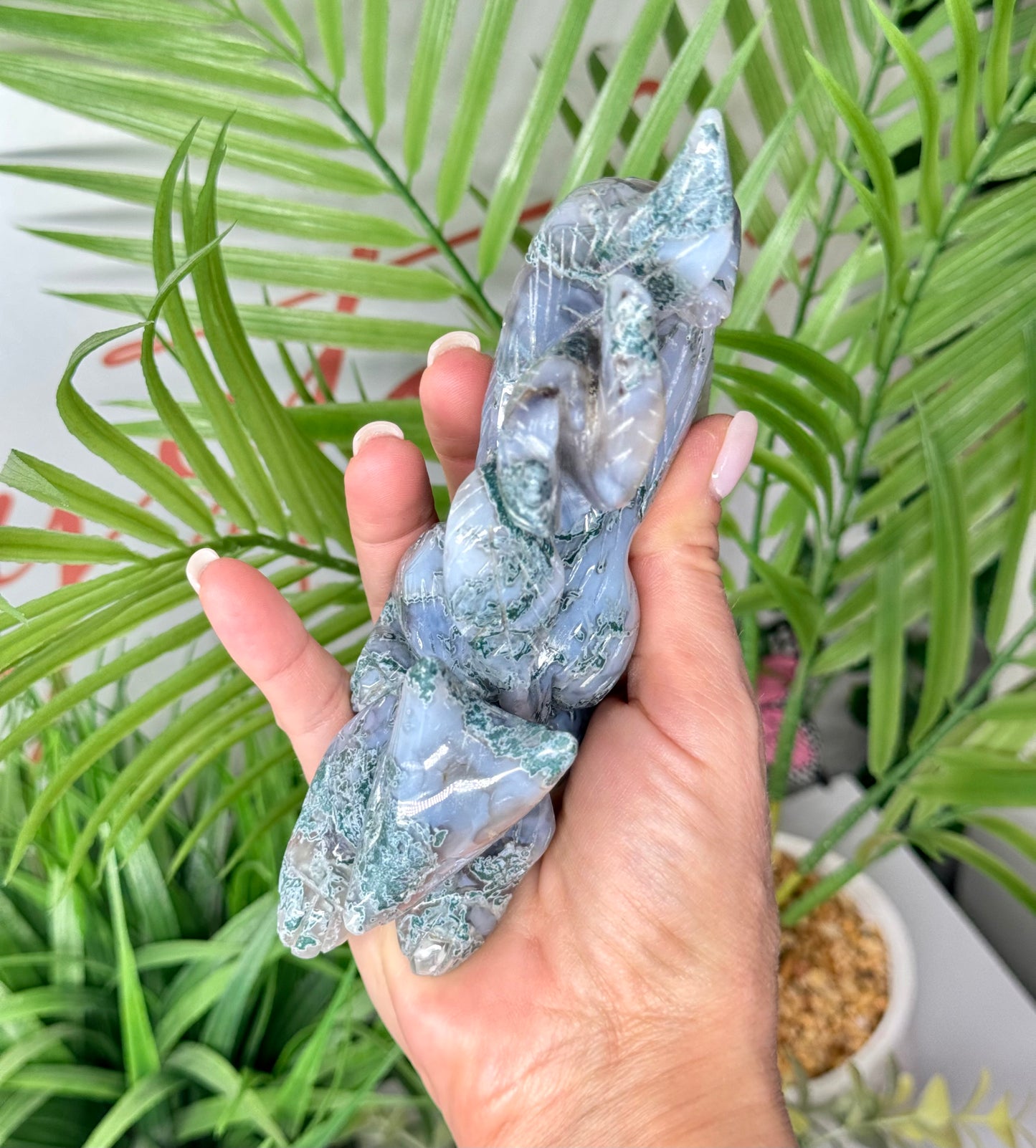 XL moss agate Kitsune. Measures 6” wide by 5” tall