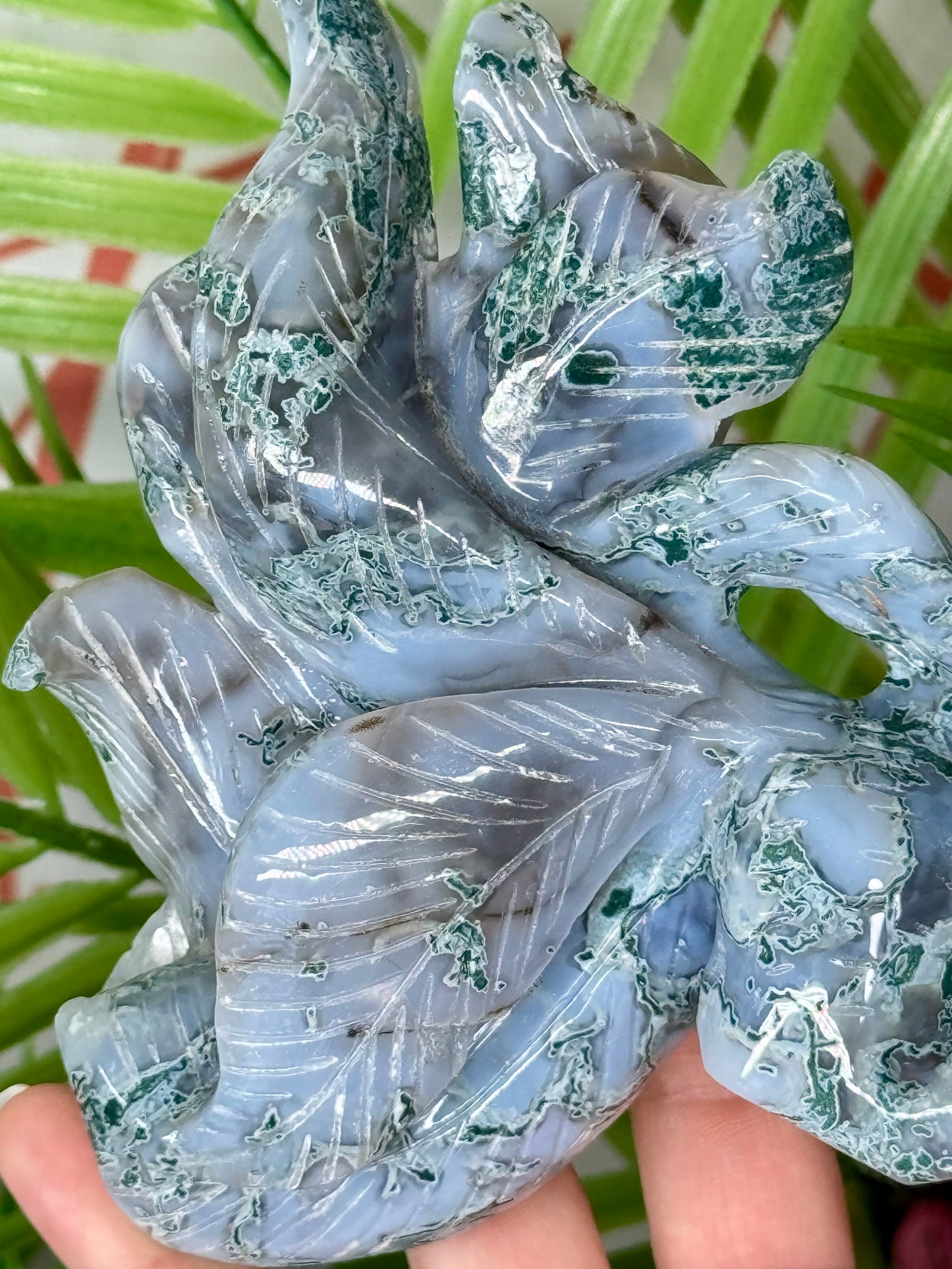 XL moss agate Kitsune. Measures 6” wide by 5” tall