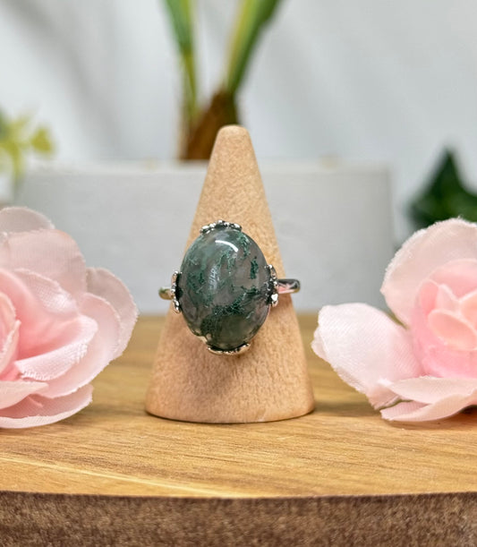 Moss agate statement ring. Silver plated copper and adjustable to fit size 5-10