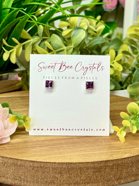 Amethyst cube earrings s925 sterling silver with silicon earring backs