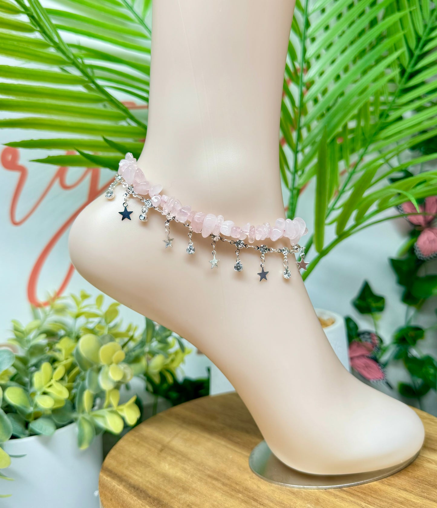 Rose Quartz chip anklet. Silver plated copper and adjustable size 9-11”