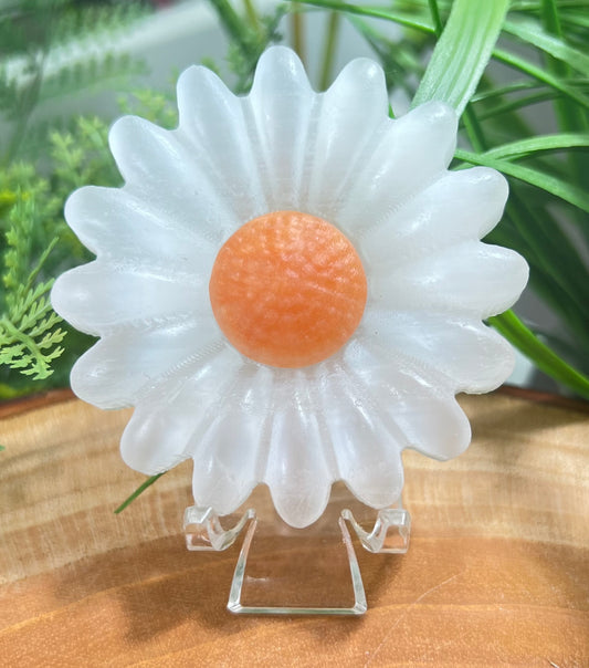 Selenite daisy with orange center includes acrylic stand