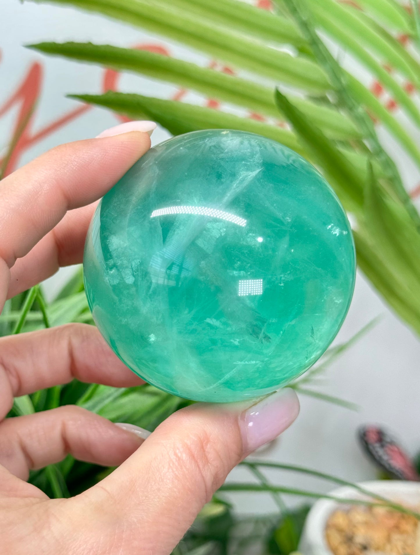 Mint green fluorite sphere. 60mm and will include a sphere stand. *see attached photos for back lighting