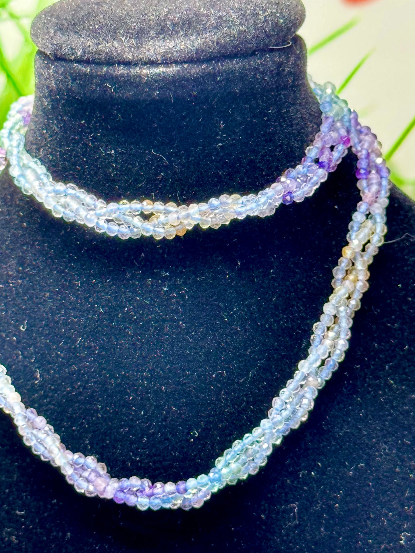 Ombré braided fluorite necklace with adjustable chain 16-18”. S925 sterling silver hardware.