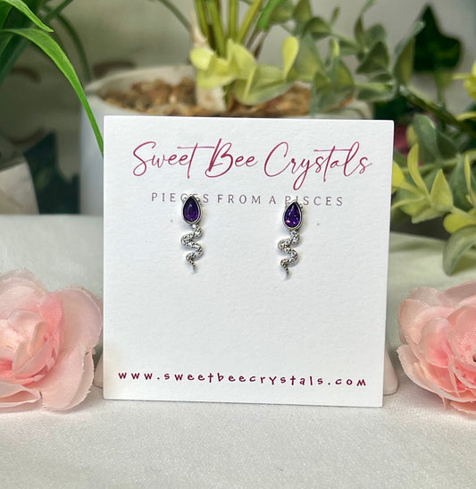 Amethyst snake earrings. S925 sterling silver and includes silicon backs