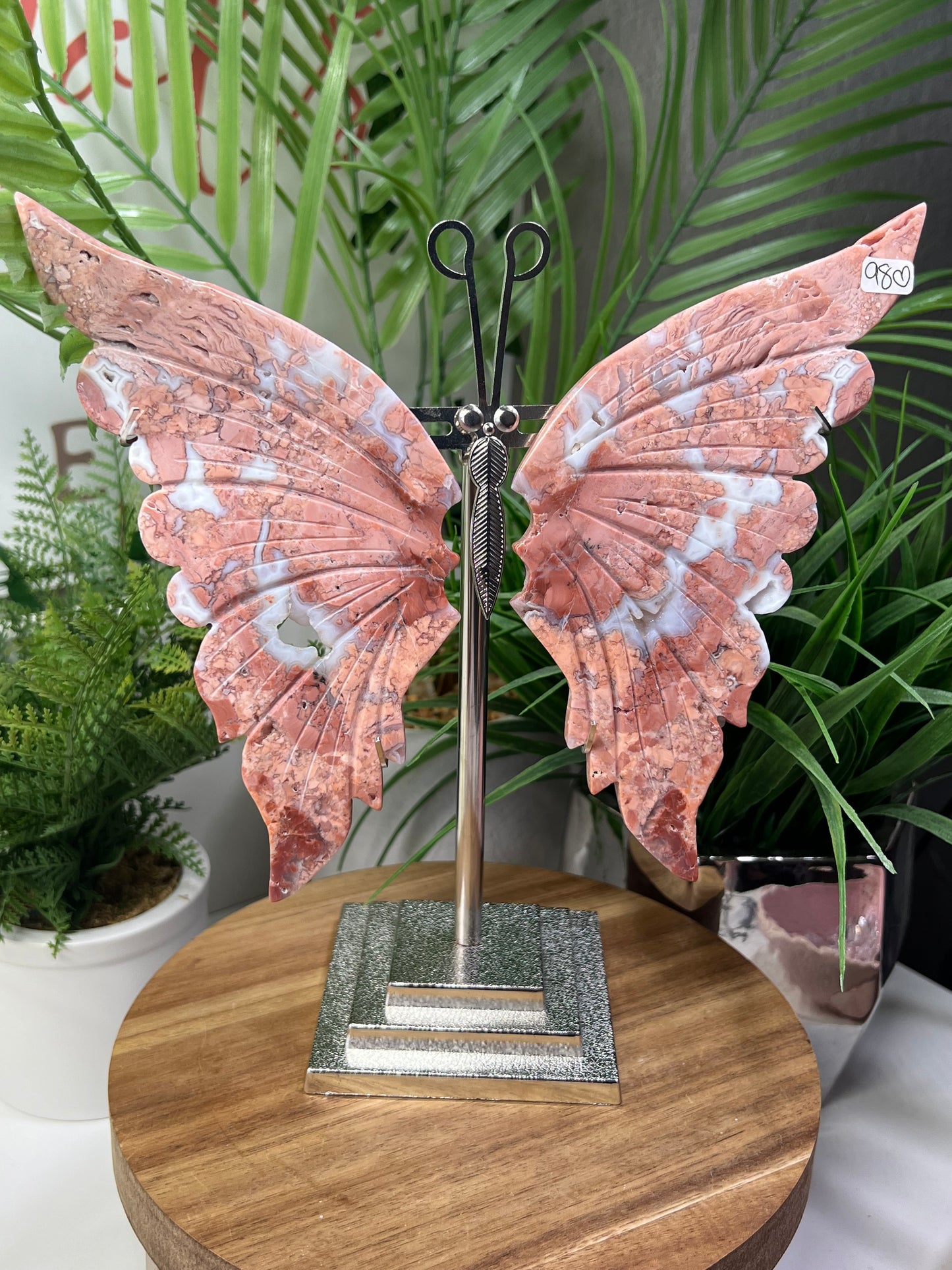 XL pink agate butterfly wings with stand included