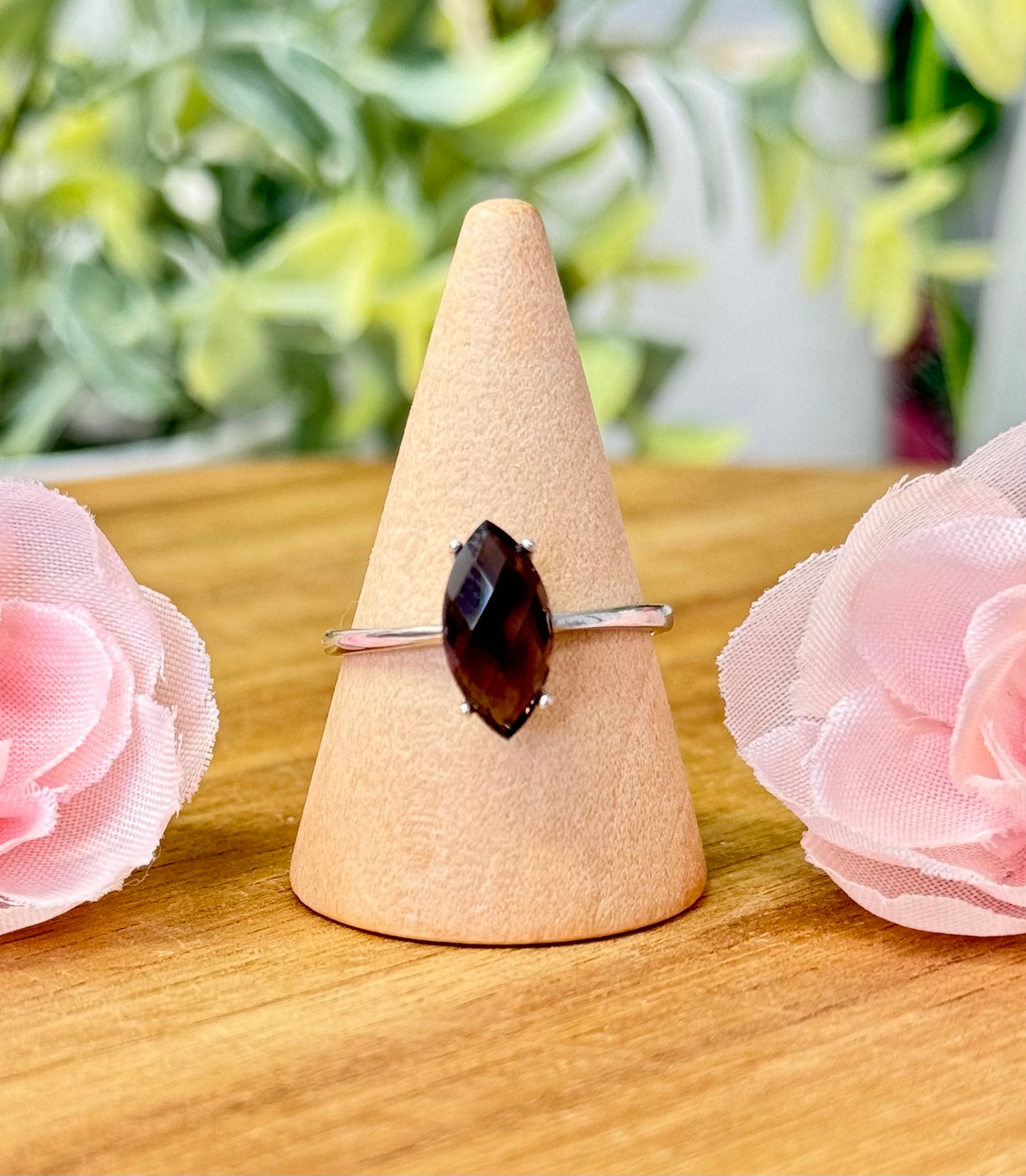 Smokey Quartz faceted marquis ring. S925 Sterling silver and adjustable