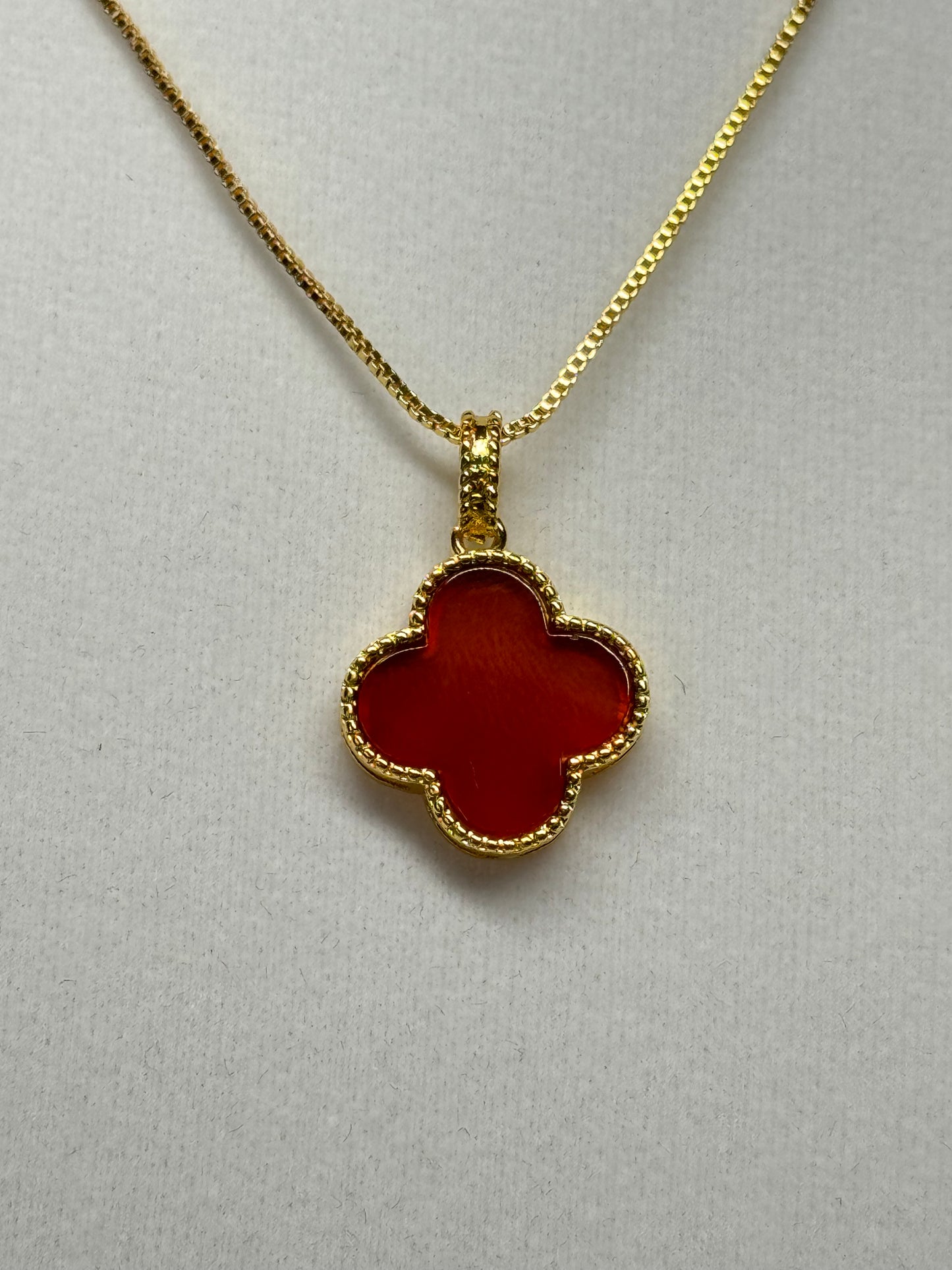 Carnelian clover necklace. Gold plated copper with 18” and under adjustable chain