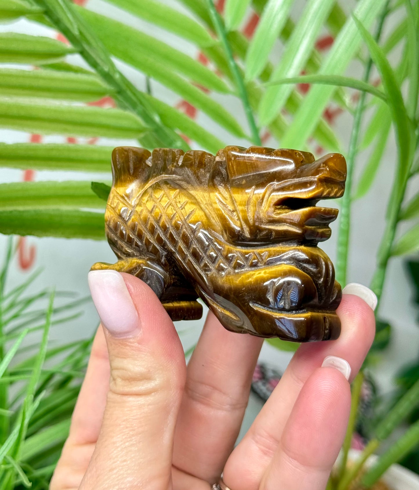 Tigers eye Chinese dragon carving. Measures 3” wide and 2” tall