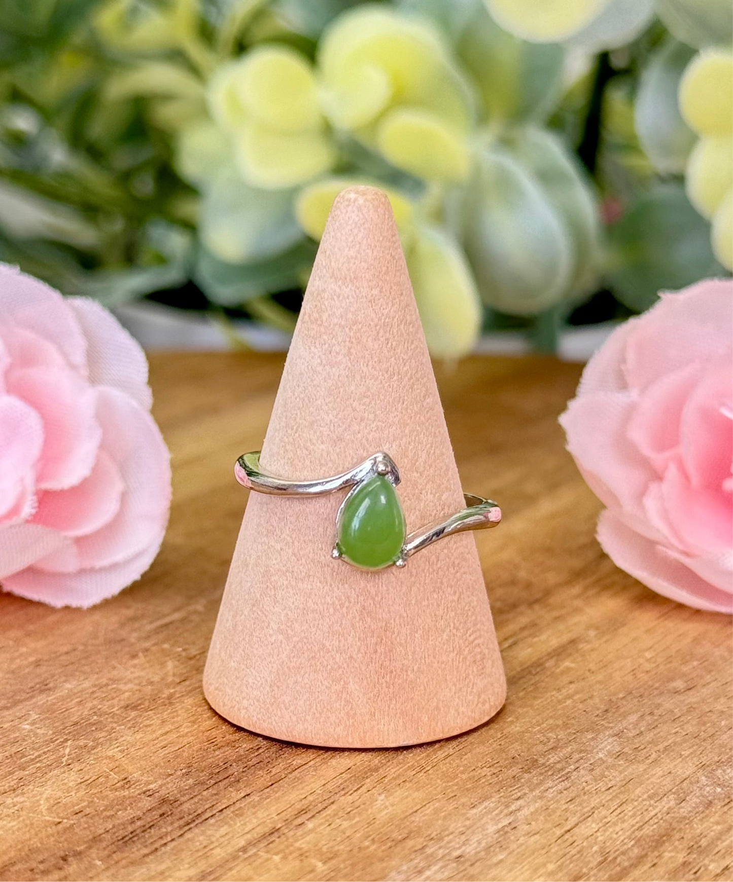 Jade tear drop ring. S925 plated copper and adjustable