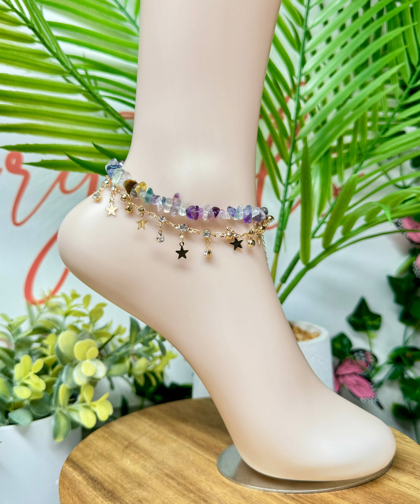 Fluorite chip anklet. Gold plated copper and adjustable size 9-11”