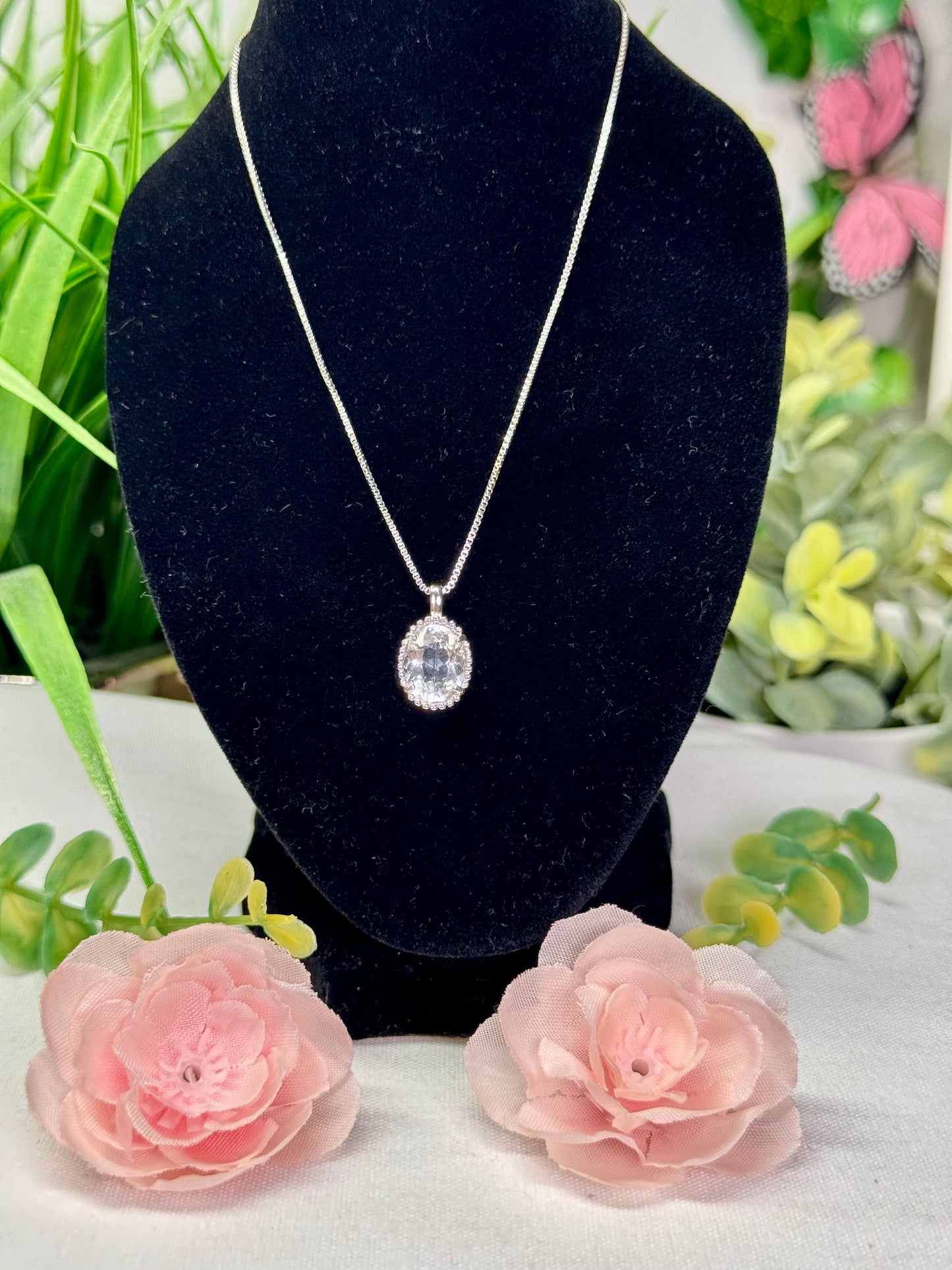 Clear Quartz necklace with adjustable chain 18” and smaller silver plated copper