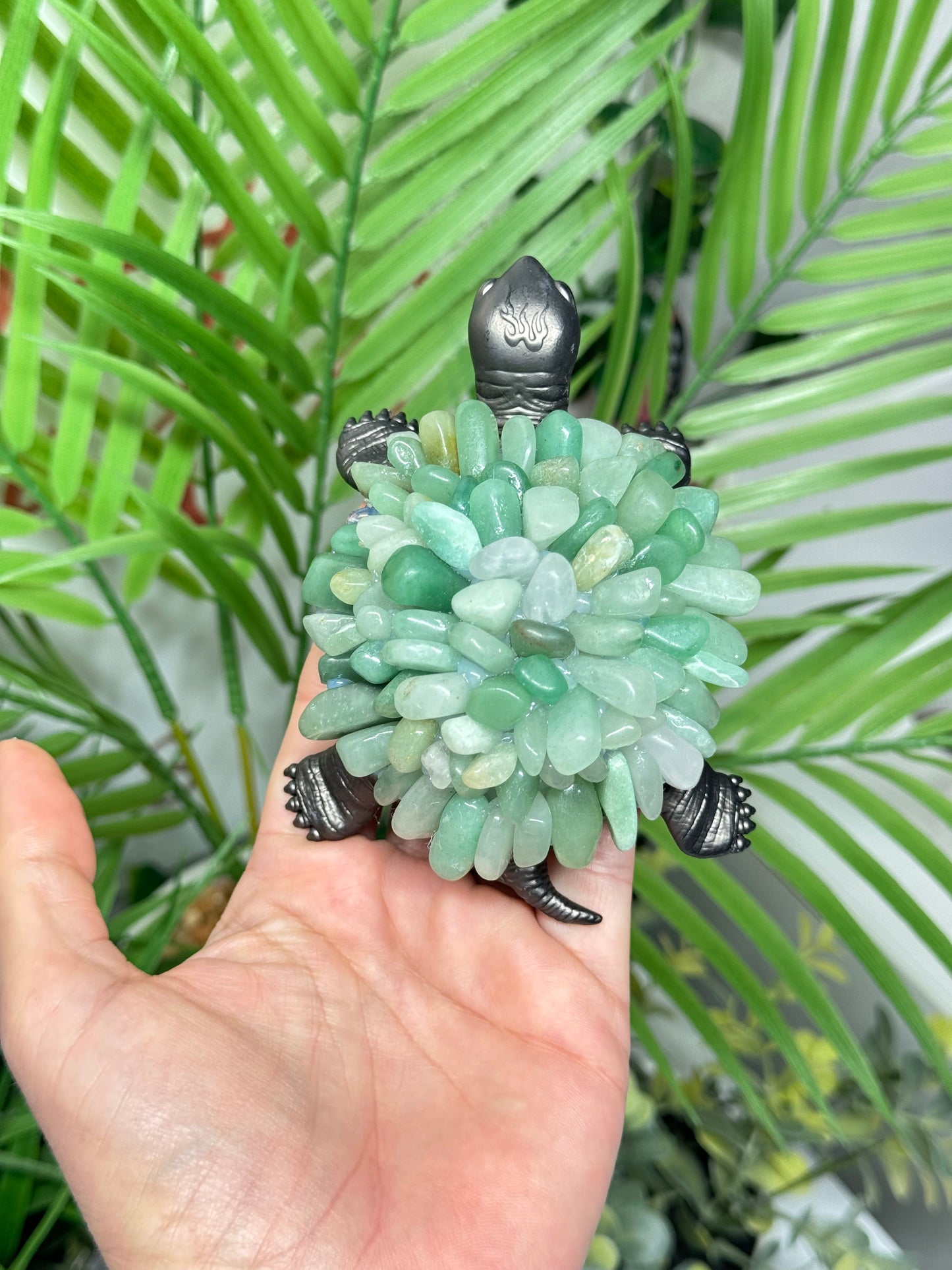 Green aventurine chip turtle on brushed metal base