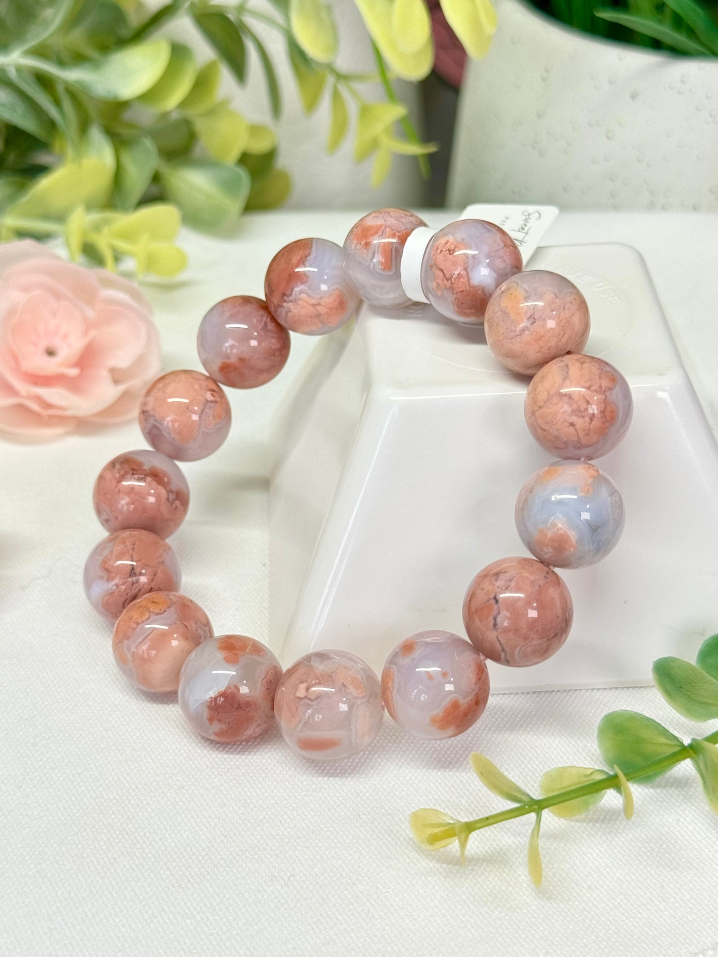 Pink agate/cotton candy agate bracelet. 13.6mm beads. Size 7” can be resized