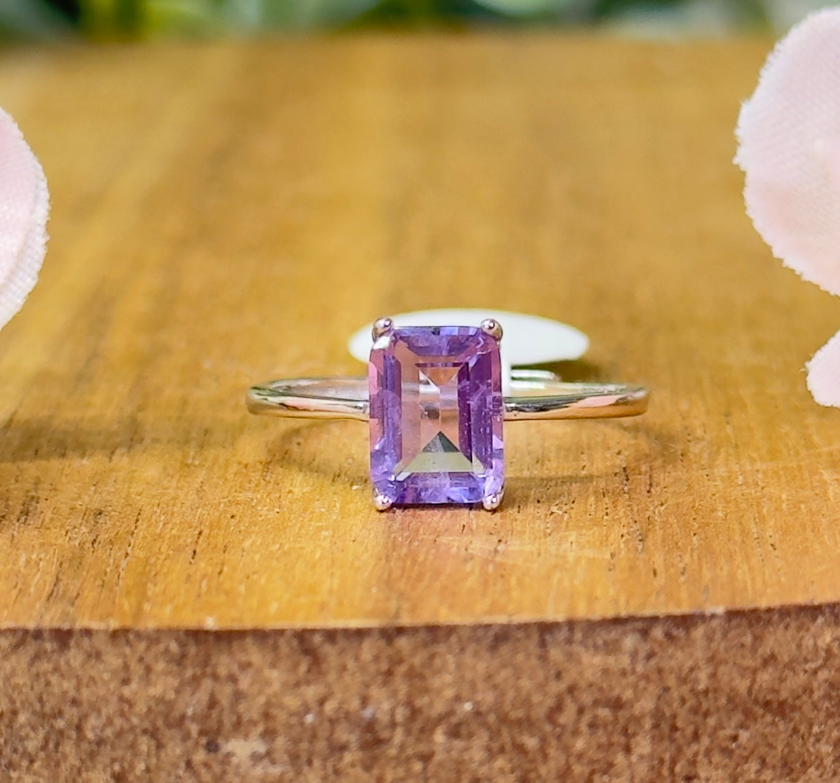 Emerald cut amethyst ring. S925 sterling silver and adjustable size 4-10