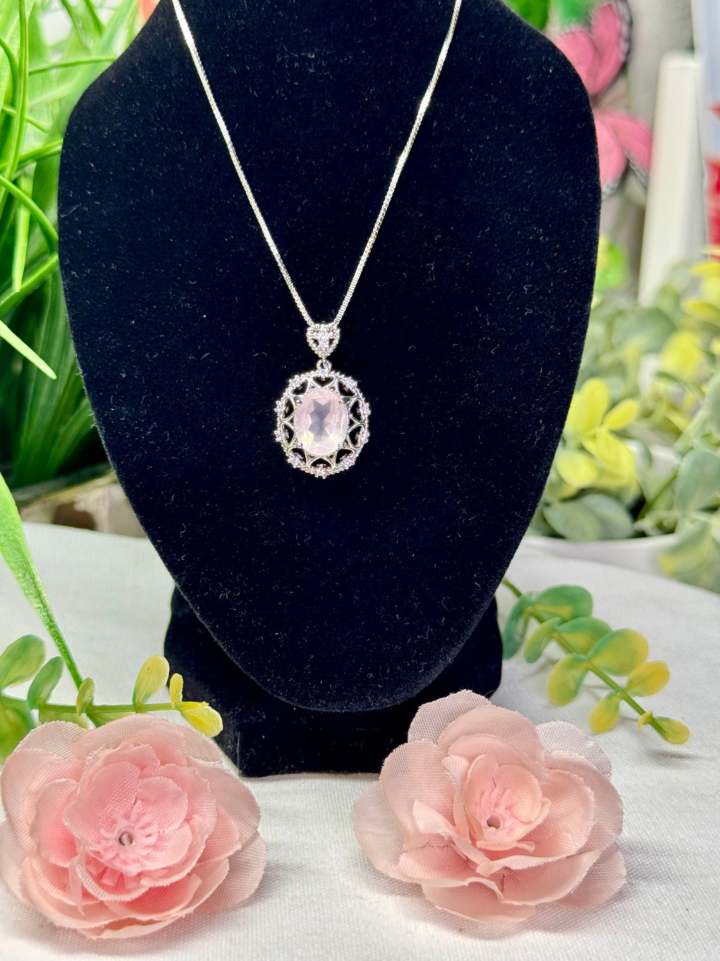 Rose Quartz necklace with adjustable chain 18” and smaller silver plated copper