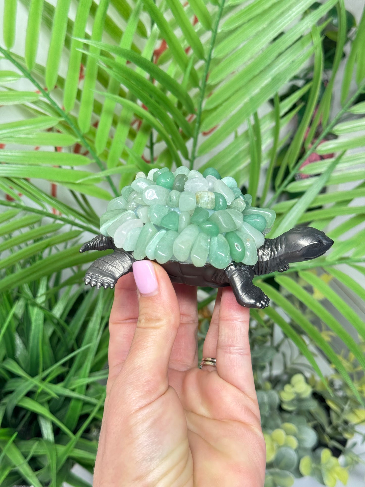 Green aventurine chip turtle on brushed metal base