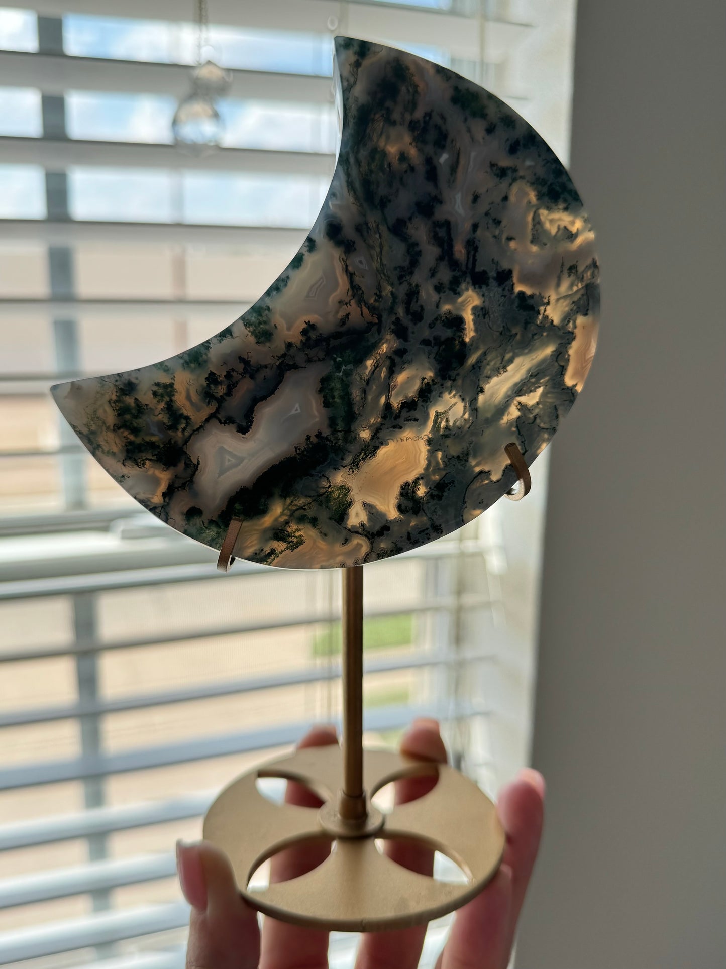 Moss agate moon on gold stand *includes stand*