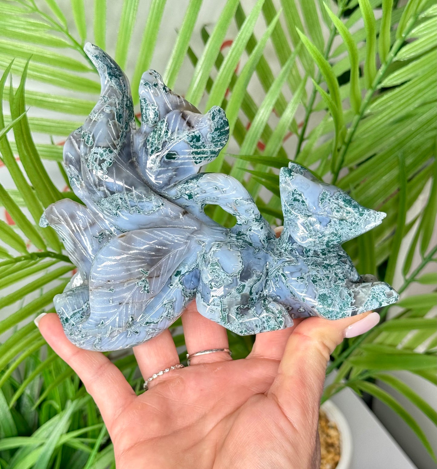 XL moss agate Kitsune. Measures 6” wide by 5” tall