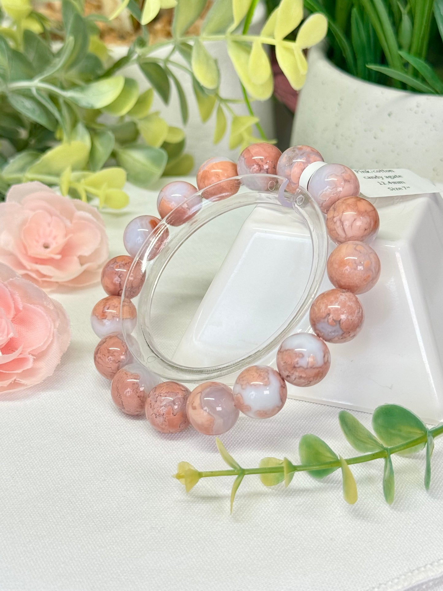 Pink agate/cotton candy agate bracelet. 12.4mm beads. Size 7” can be resized