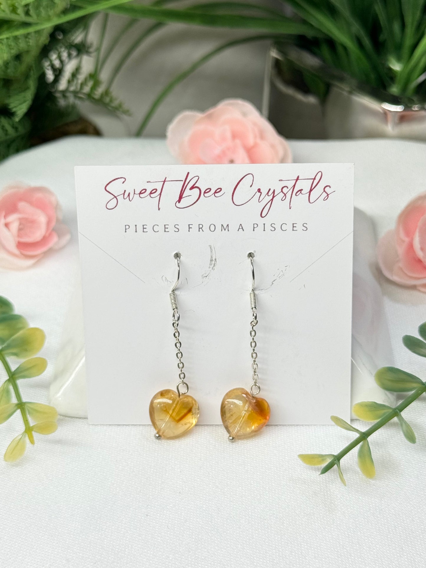 Citrine heart dangle earrings s925 sterling silver comes with silicone backs