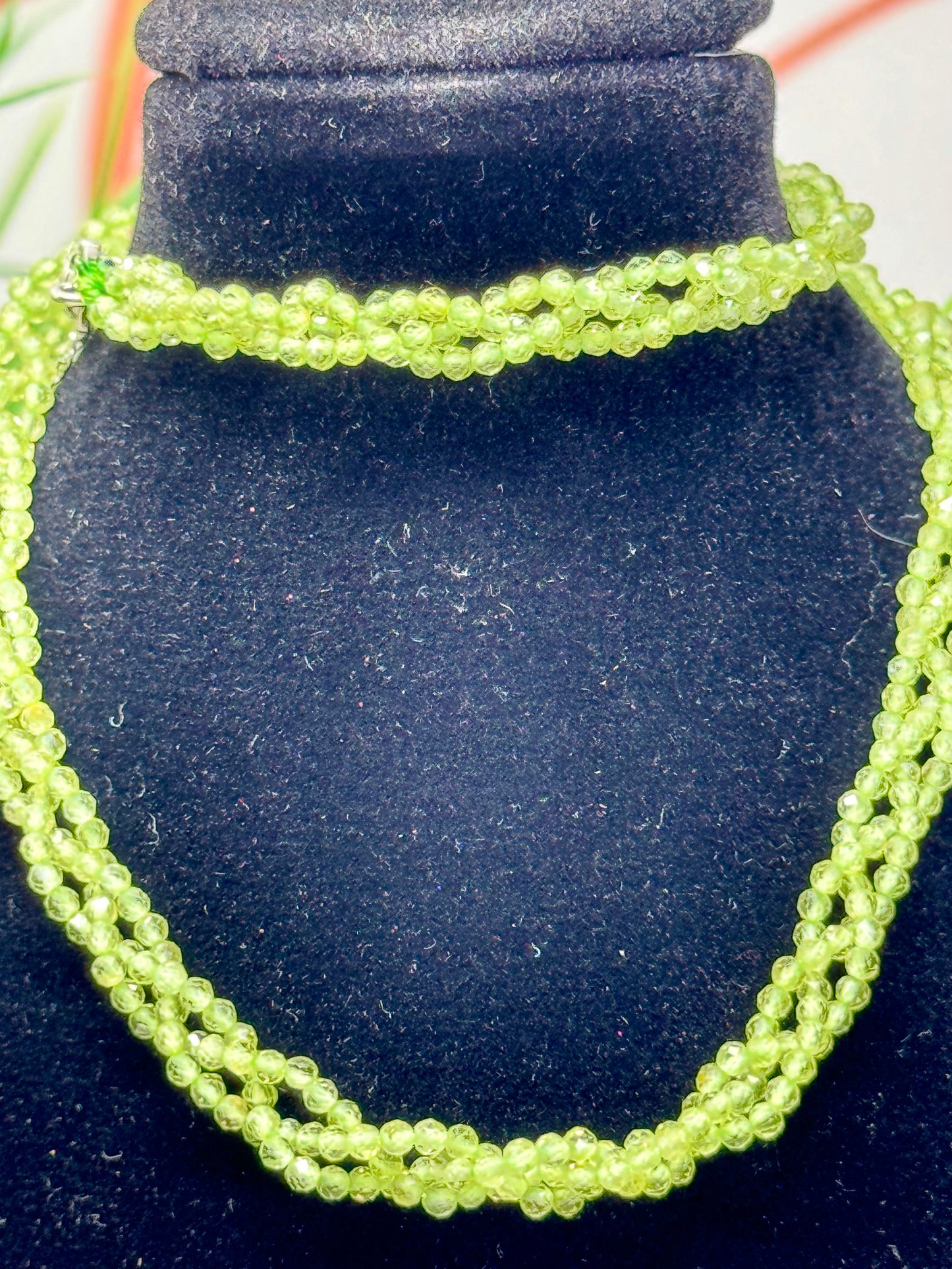 Braided peridot necklace necklace with adjustable chain 16-18” adjustable. S925 plated copper hardware