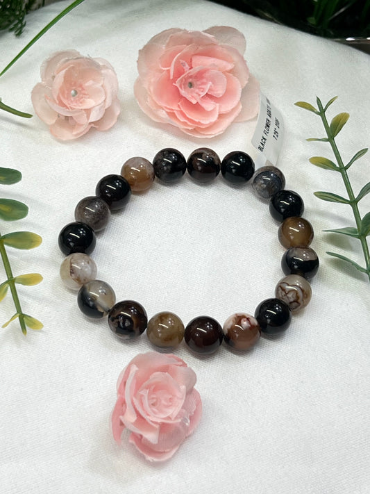 Black flower agate bracelet 10mm beads size 7.25”