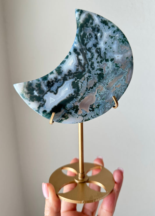 Moss agate moon on gold stand *includes stand*