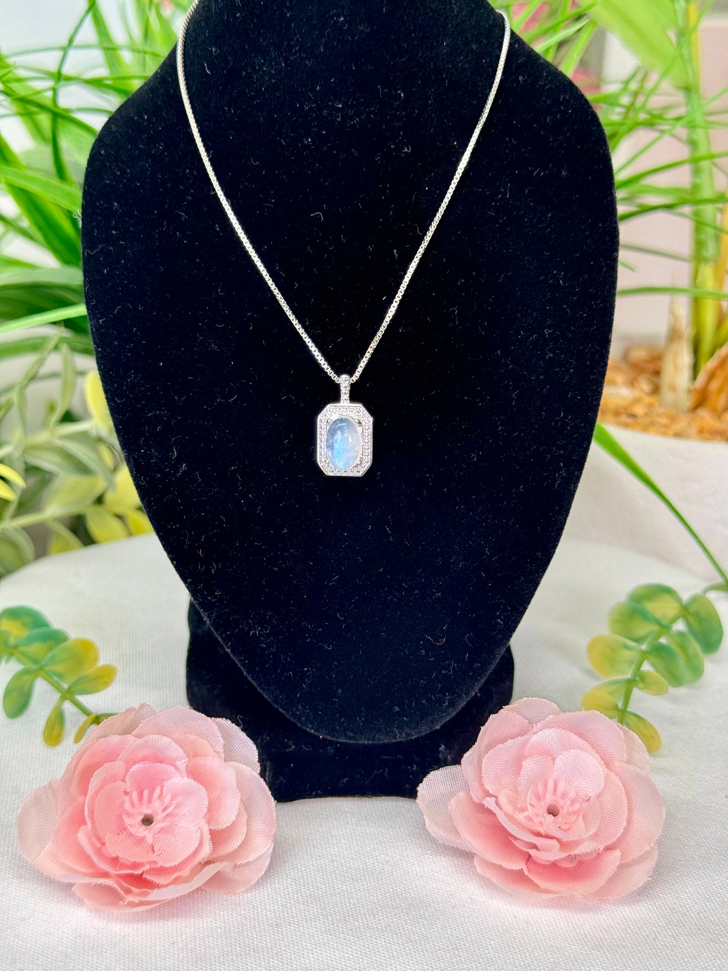 Moonstone necklace with adjustable chain 18” and smaller, silver plated copper