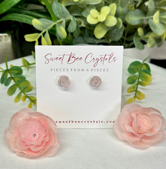 Rose Quartz rosette earrings. S925 sterling silver with silicon backs