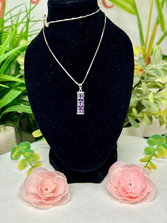 Amethyst necklace with adjustable chain 18” and smaller, silver plated copper