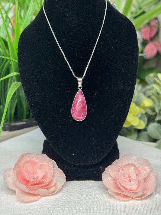 Rhodonite teardrop necklace. S925 plated copper with 18” and under adjustable chain